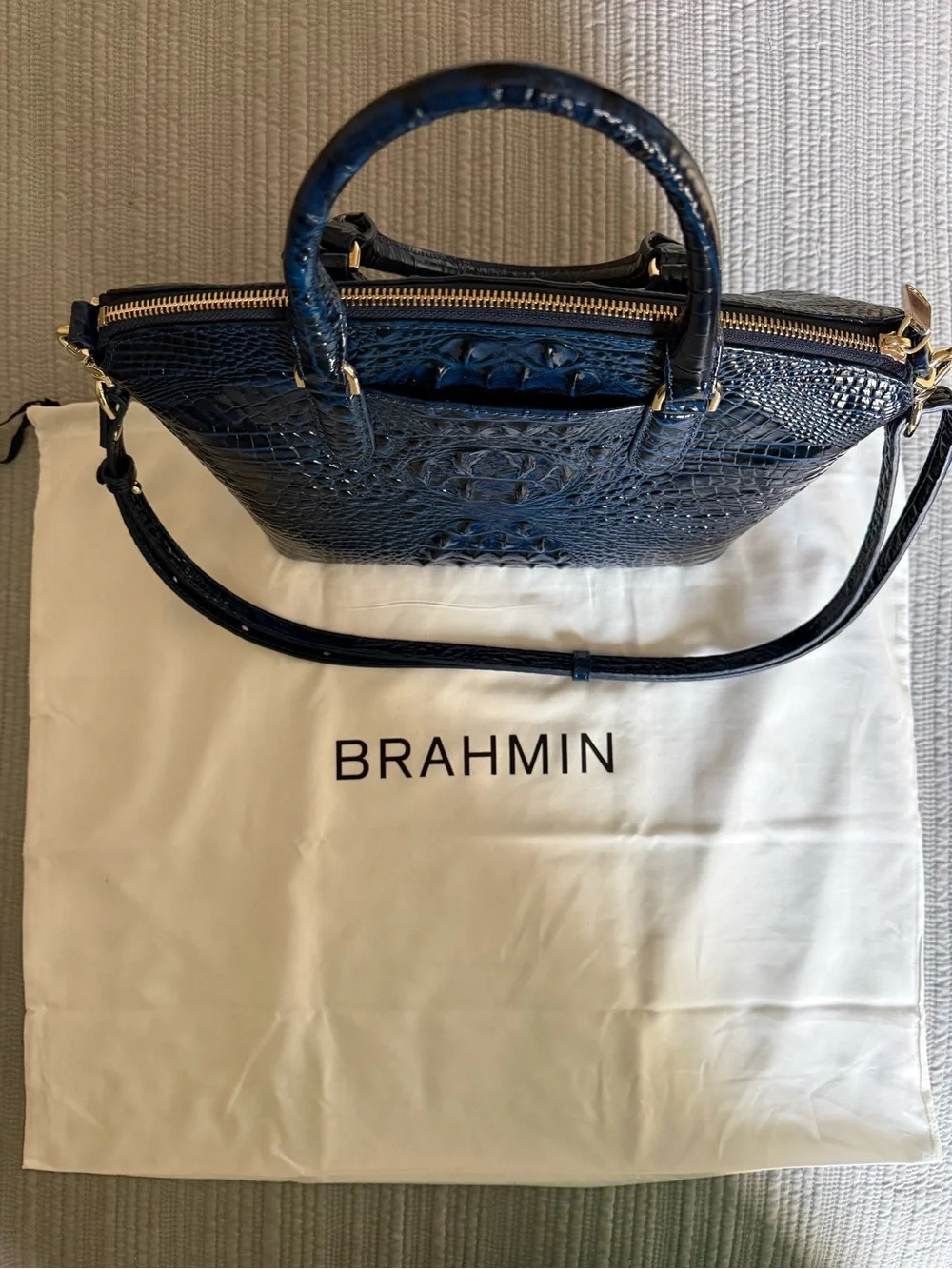 Brahmin Shiny Blue Croc-Embossed Tote with Gold Accents